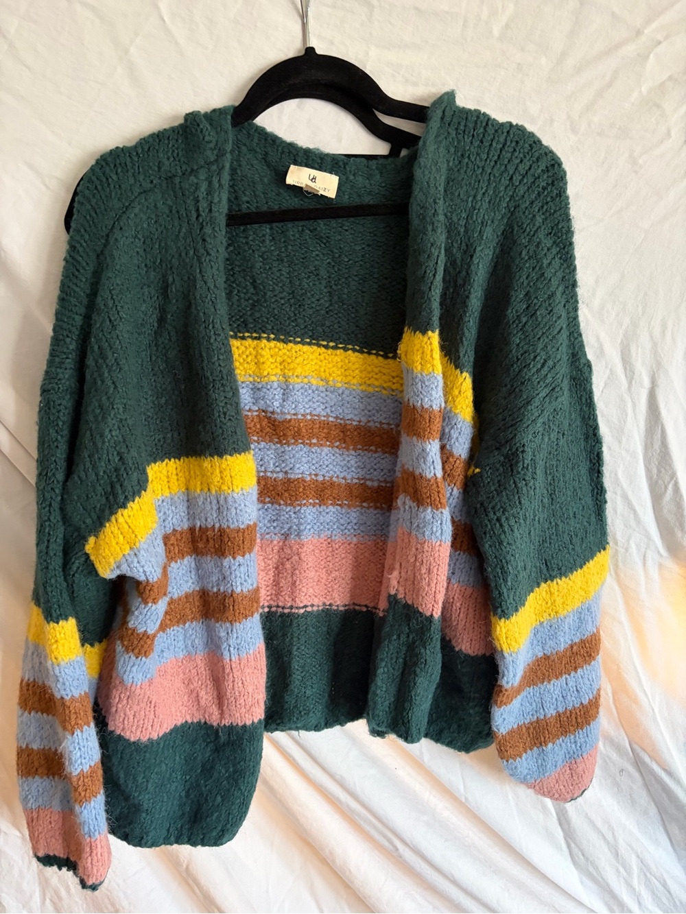 Dark Green Open-Front Stripe Cardigan with Pastel Accents